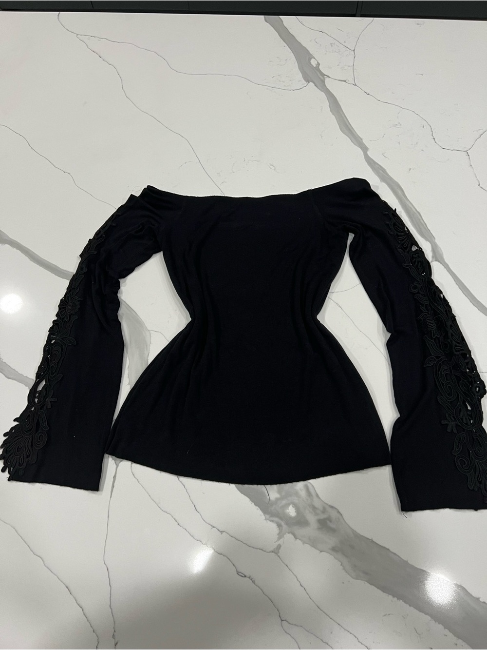 Bailey 44 Black Off-Shoulder Long Sleeve Tunic with Lace Sleeve Detail